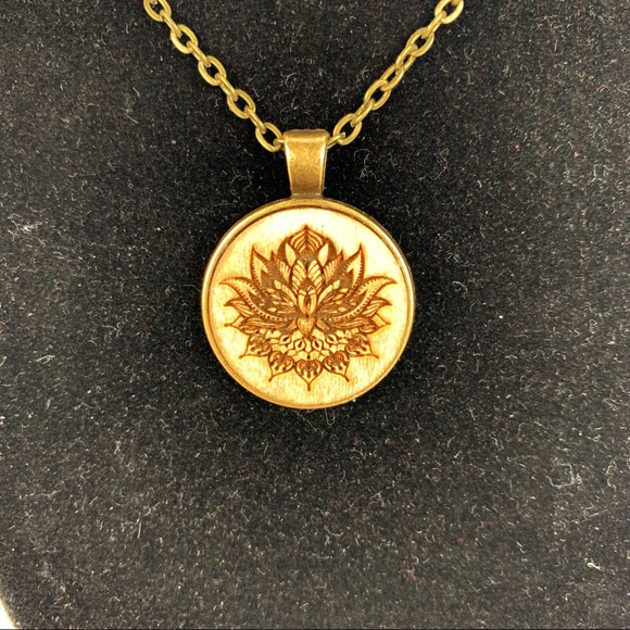 Wood Laser Engraved Lotus Mandala Necklace 24” - Picture 3 of 6